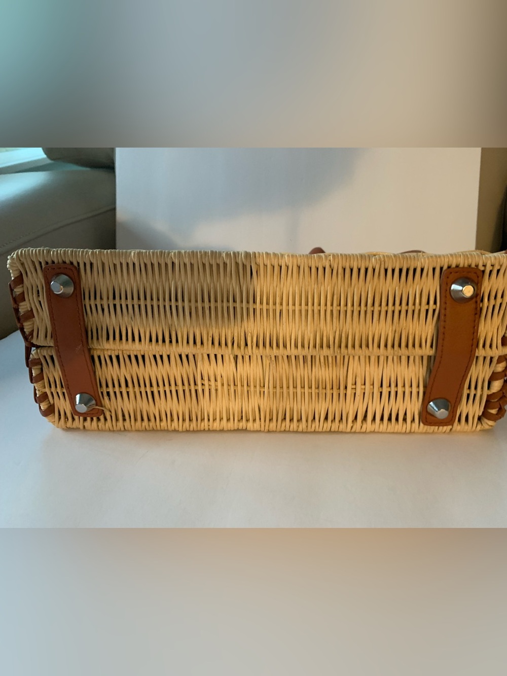 Woven Rattan Tote Handbag with Tan Faux Leather Trim - Picture 4 of 7
